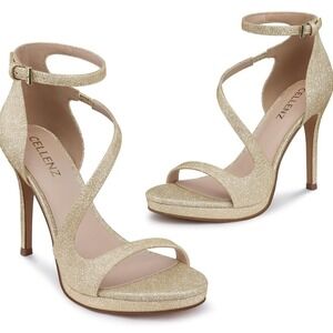 Cellenz Gold Glitter Platform Sandals Asymmetrical Ankle Strap Stiletto Heel 8.5